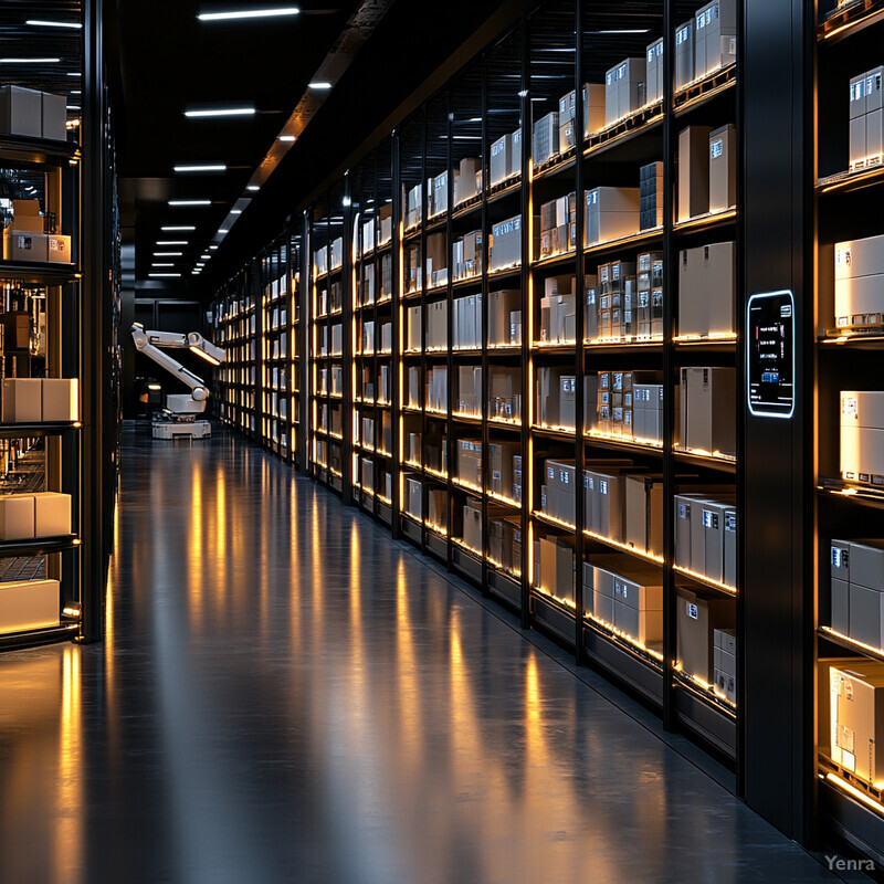 A dimly lit warehouse with rows of shelves stocked with cardboard boxes and automated conveyor belts.