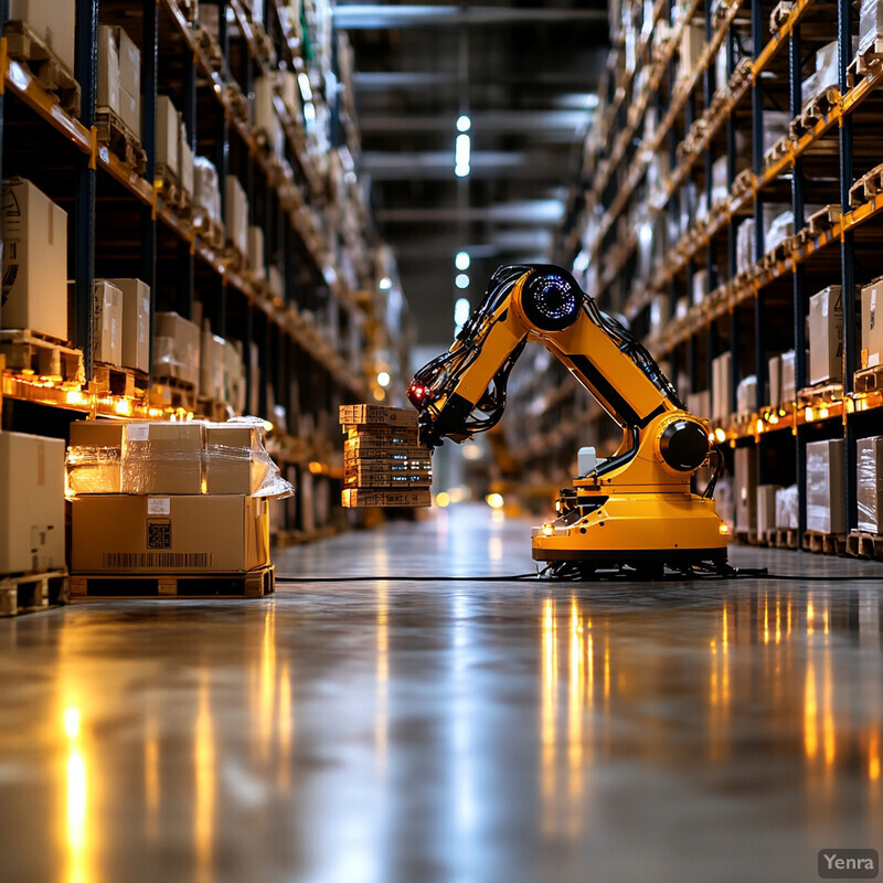 A robotic arm is shown in an industrial warehouse setting, grasping a stack of cardboard boxes.