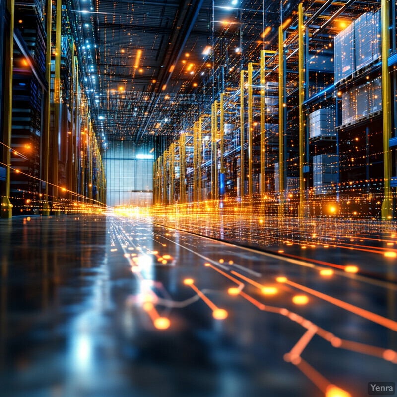 A large warehouse or factory floor with rows of shelving units and boxes.