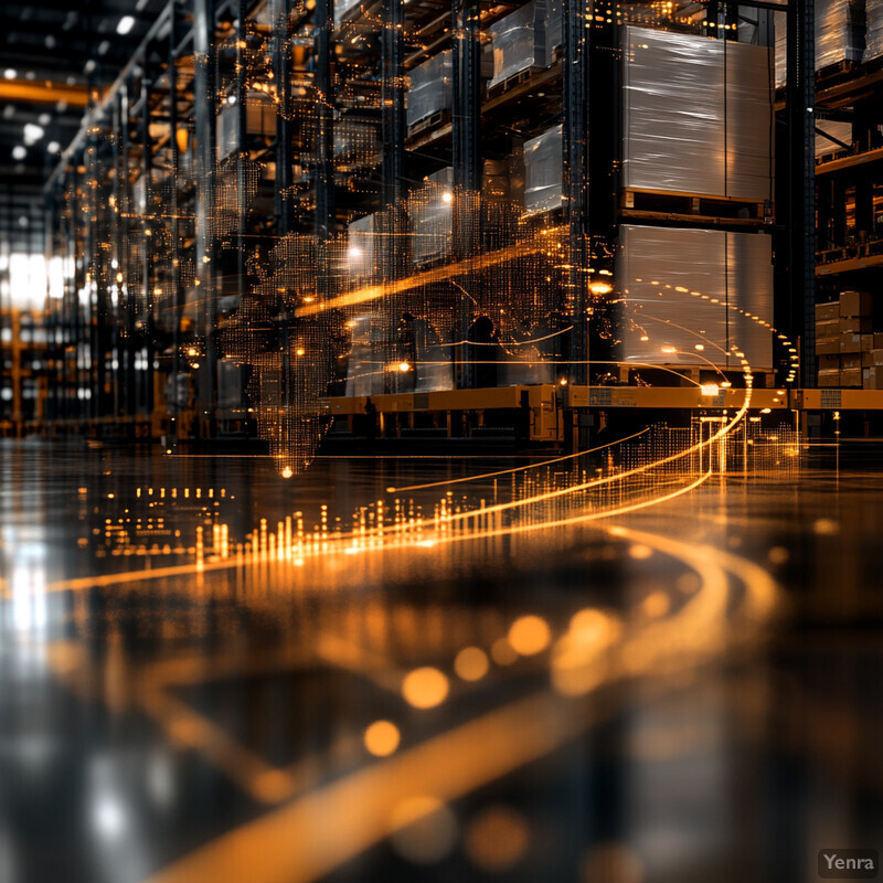 Industrial warehouse with rows of shelves and forklifts in operation.