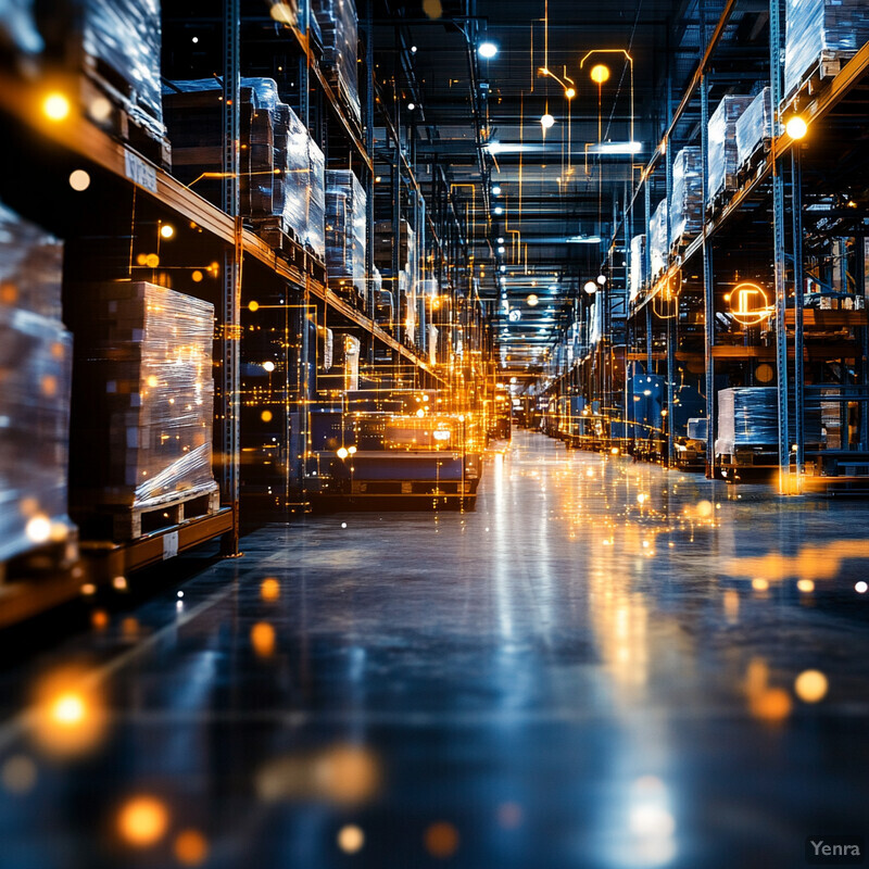 An industrial warehouse or factory floor with metal racks and shelves.