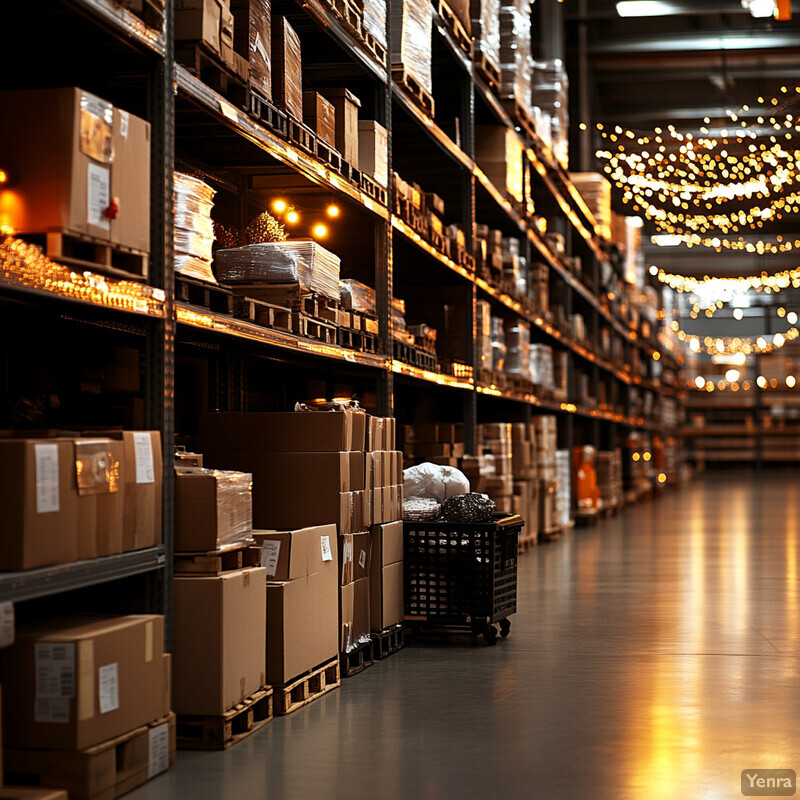 A warehouse with rows of shelves stocked with cardboard boxes and other items.