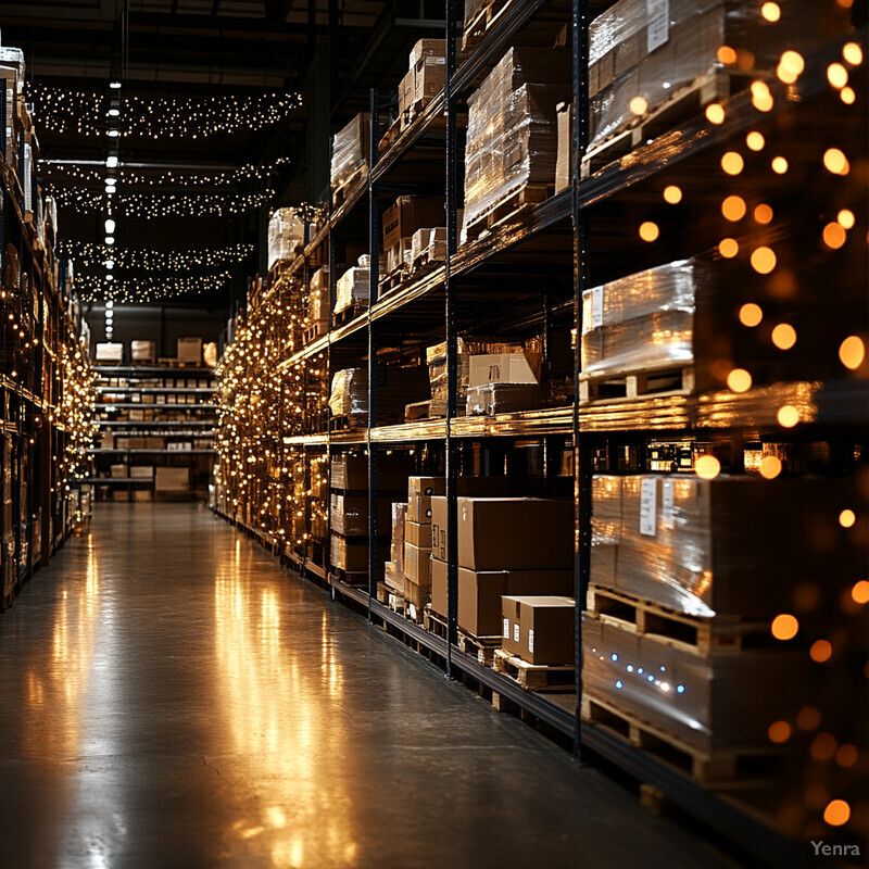 A warehouse aisle with shelves stocked with cardboard boxes and other items, illuminated by bright lights.