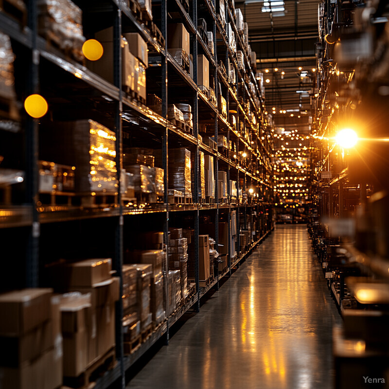 A warehouse with rows of shelving units stocked with boxes and other items.