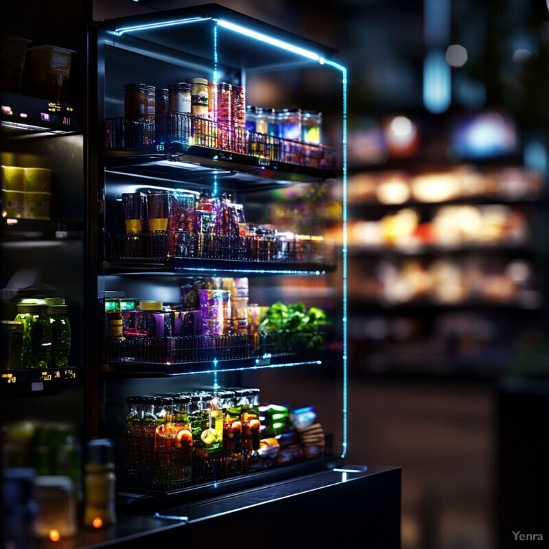 An illuminated glass display case filled with various products.