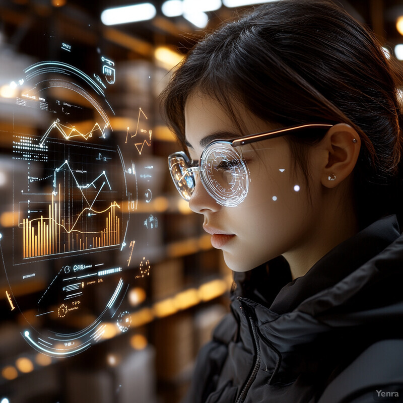 A woman wearing futuristic glasses displays data analysis and forecasting graphs.