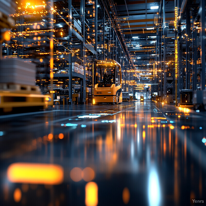 A warehouse or factory setting with metal structures and machinery, featuring a shiny black floor and orange lighting.