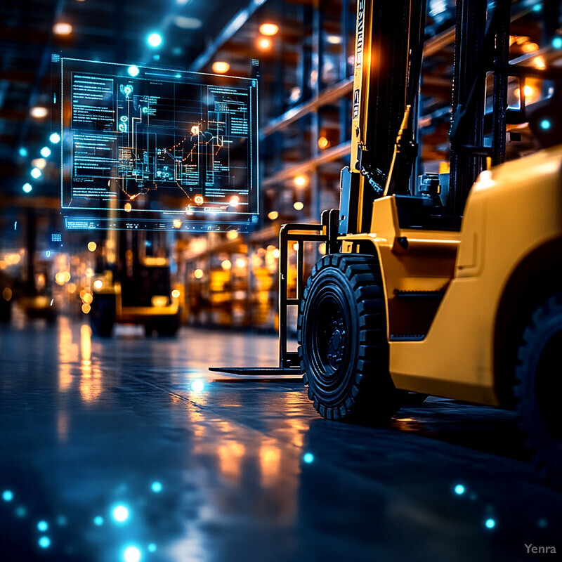 A warehouse with multiple yellow forklifts parked in rows, facing away from the camera, and a large screen displaying various graphs and charts.