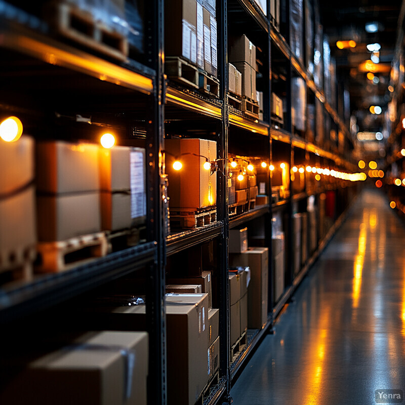 A warehouse aisle with tall black shelving units stocked with boxes and packages.