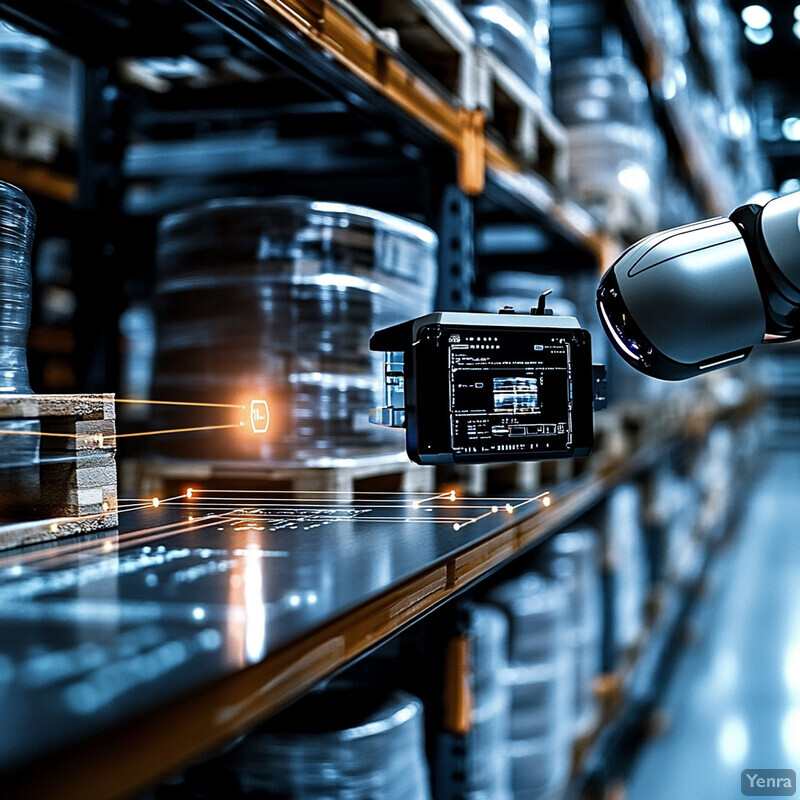 A silver and black robotic arm inspects or manipulates an object on a warehouse shelf.