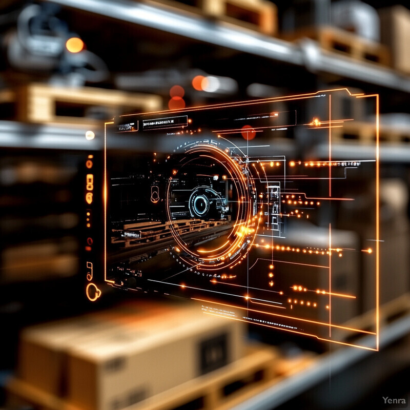 A futuristic warehouse with rows of shelves, LED lights, and a large screen for monitoring inventory levels.