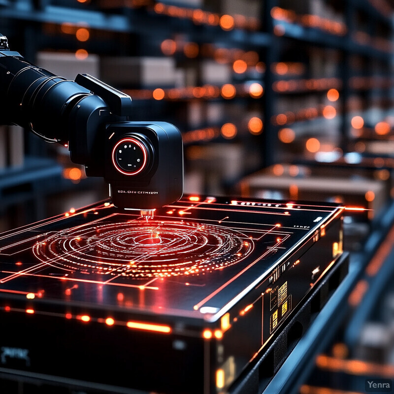 A robotic arm with a camera is positioned in front of rows of shelves, possibly used for quality control and inventory management within a warehouse.