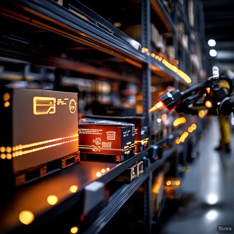 The image shows a warehouse or storage facility with rows of shelves and pallet racks stacked high with various items.