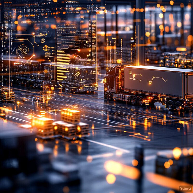 A bustling warehouse or distribution center at night, with multiple semi-trucks parked and numerous shelves stacked high with cargo.