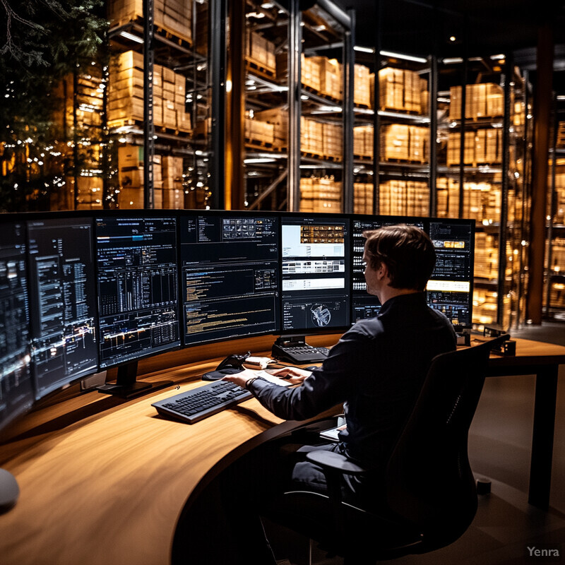 A man is working at his desk in front of multiple computer monitors, surrounded by a dimly lit room with shelves filled with boxes.