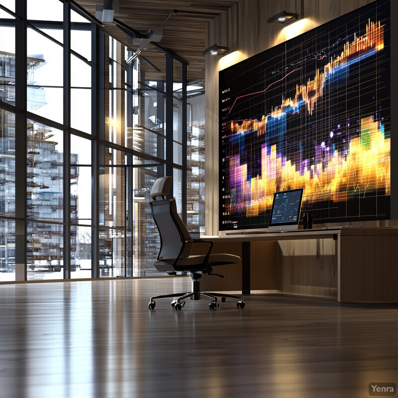 An office space with a large screen displaying a graph on the wall.