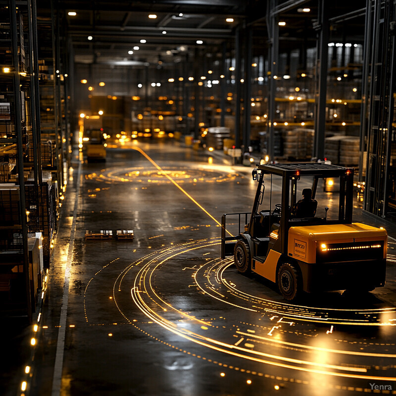 A warehouse scene with forklifts and men working.