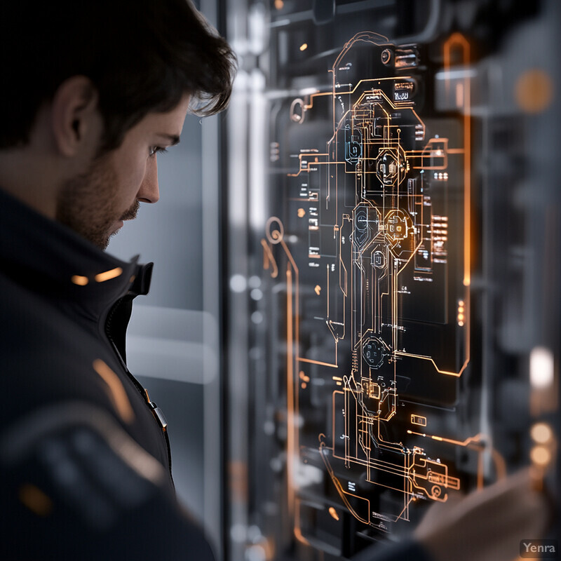 A man is intensely examining a large screen displaying a complex diagram.