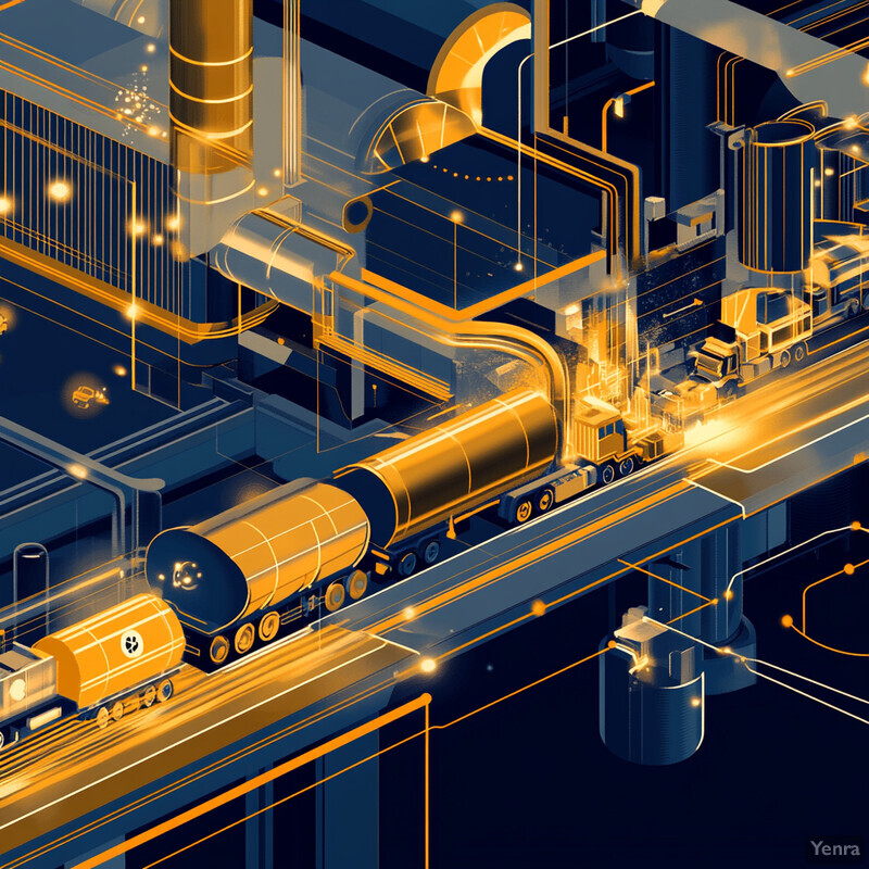 An industrial scene with vehicles and equipment processing and transporting goods.