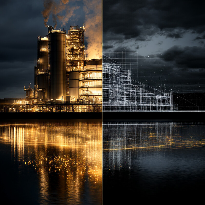 An image depicting an industrial factory on the left half and a technical diagram on the right half.