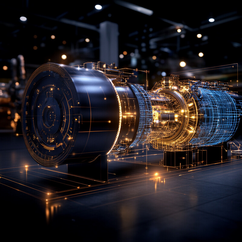 A detailed digital twin of a machine or engine, likely used for predictive maintenance and optimization.