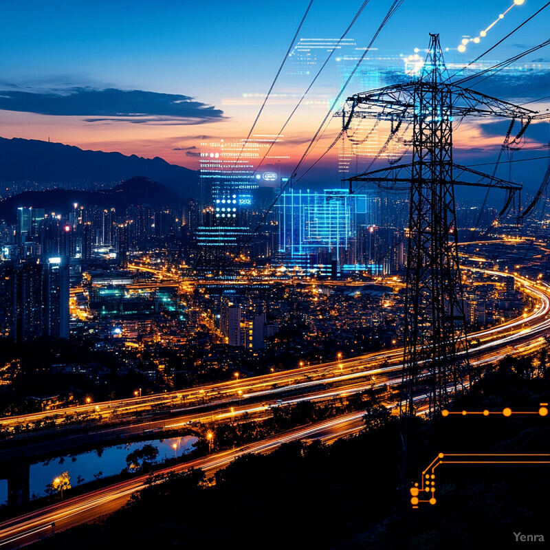 An urban landscape at dusk or dawn, featuring a cityscape with high-rise buildings, a transmission tower, and power lines.