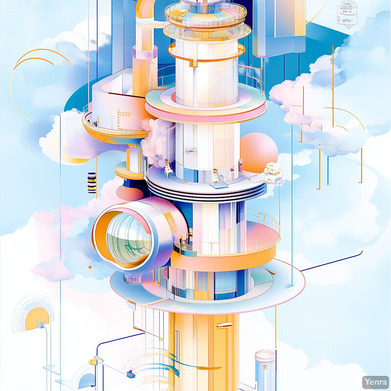 A futuristic skyscraper or space station with a unique design and colorful appearance.