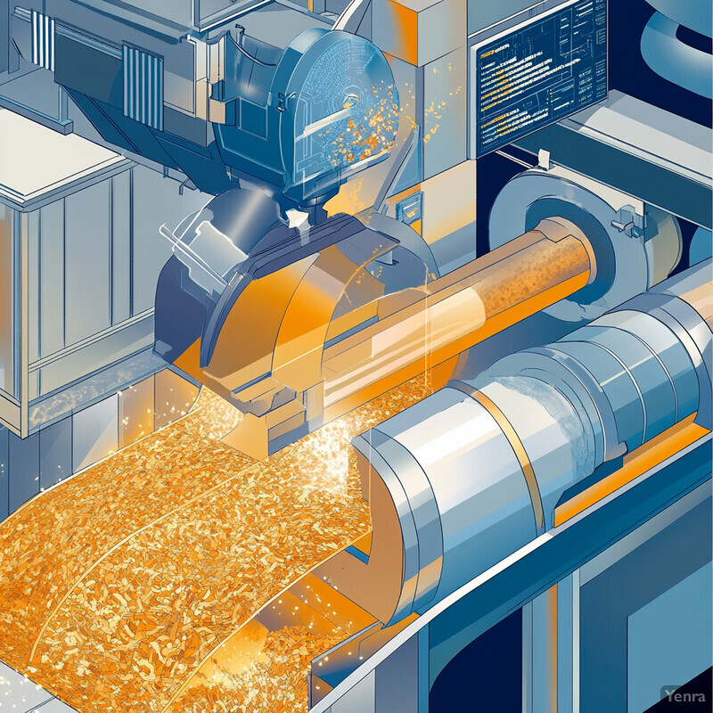 An industrial machine processes orange material in a dark blue background.