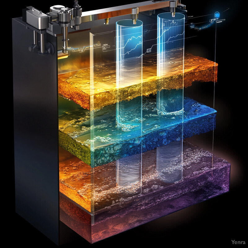 A 3D rendering of a fuel blending system with multiple layers and cylindrical containers.