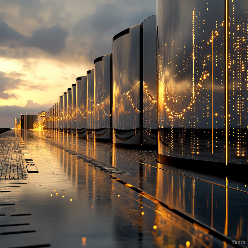 An array of large, cylindrical energy storage units are arranged in rows along a wet, reflective surface.