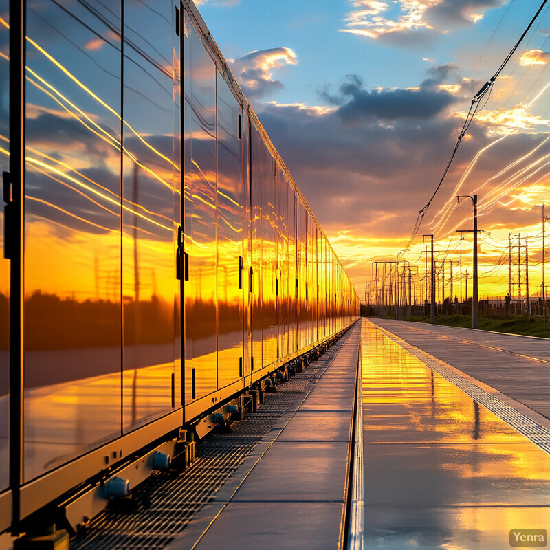 A train station platform at sunset or sunrise, with a few people sitting on the seats and several trains parked in the background.