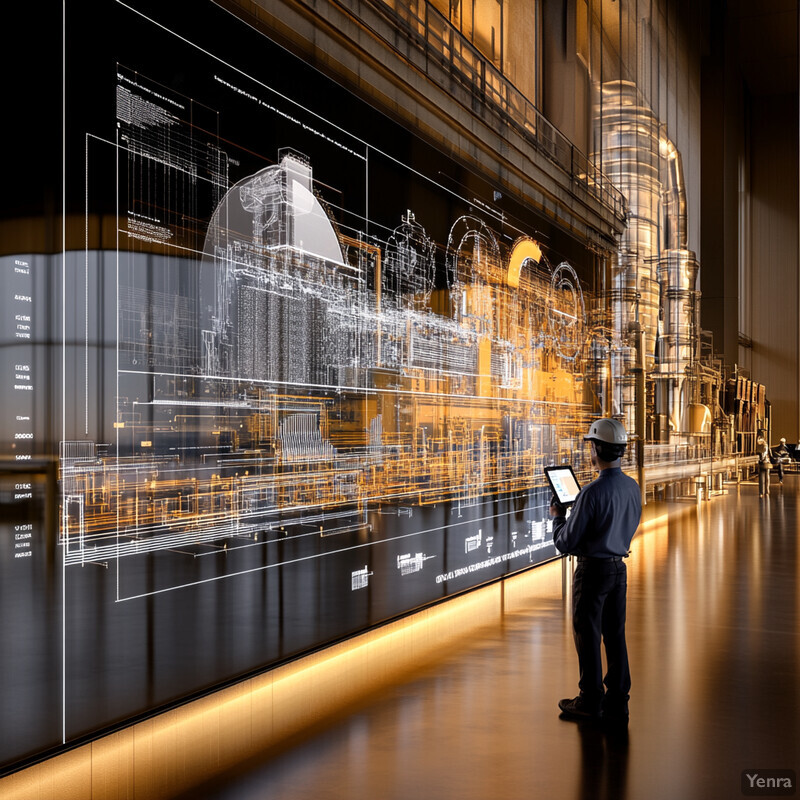 A man in a hard hat examines technical diagrams on a large display.