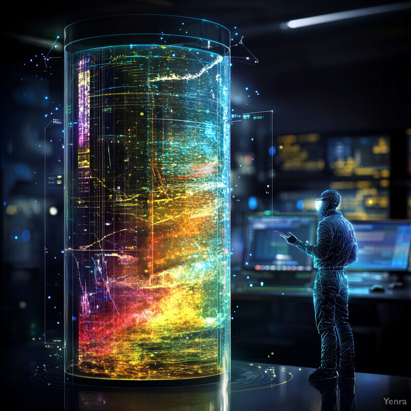 A futuristic data visualization setup with a large cylindrical screen displaying complex patterns and graphs.