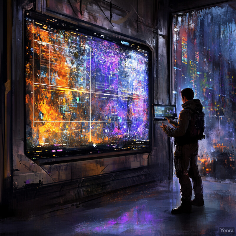 A person stands in front of a large screen displaying a vibrant galaxy map, surrounded by screens on the walls.