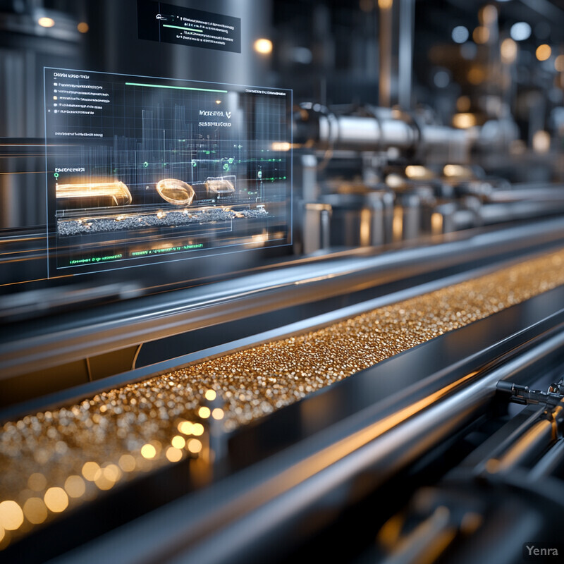 An industrial image of conveyor belts and screens displaying data in a warehouse or factory environment.