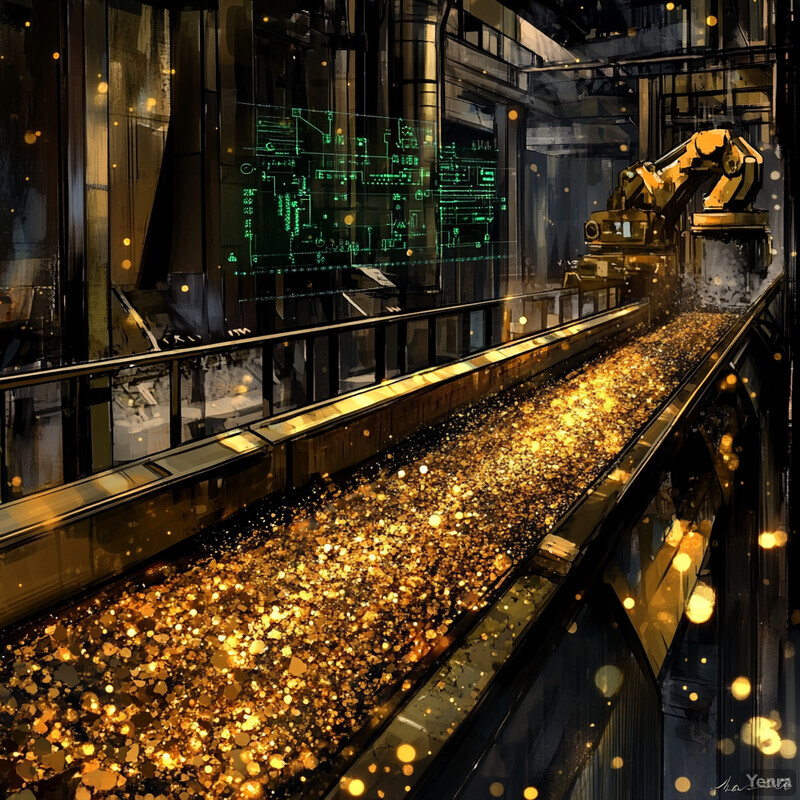 An industrial scene with a conveyor belt filled with gold coins/nuggets and various machinery/equipment.