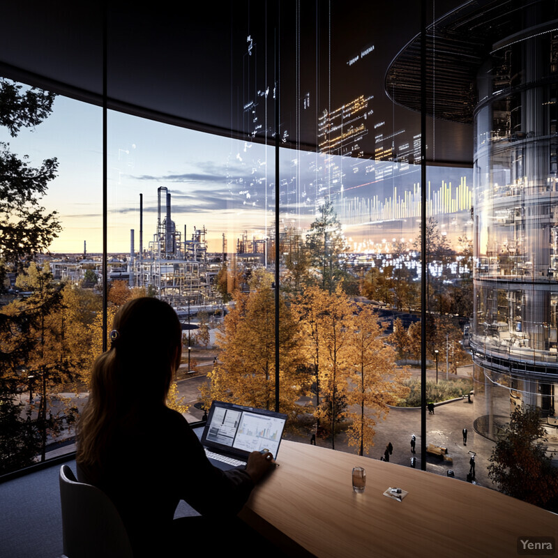 A woman is working on a laptop in an office with a view of the city.