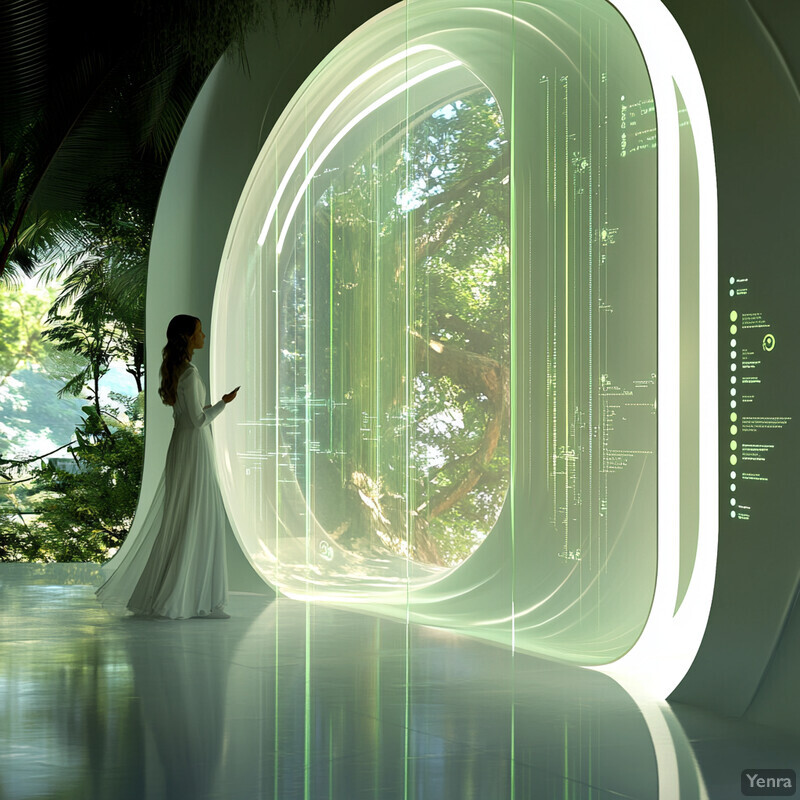 A woman stands in front of a large circular window with a greenish tint, holding two devices and surrounded by lush forest foliage.