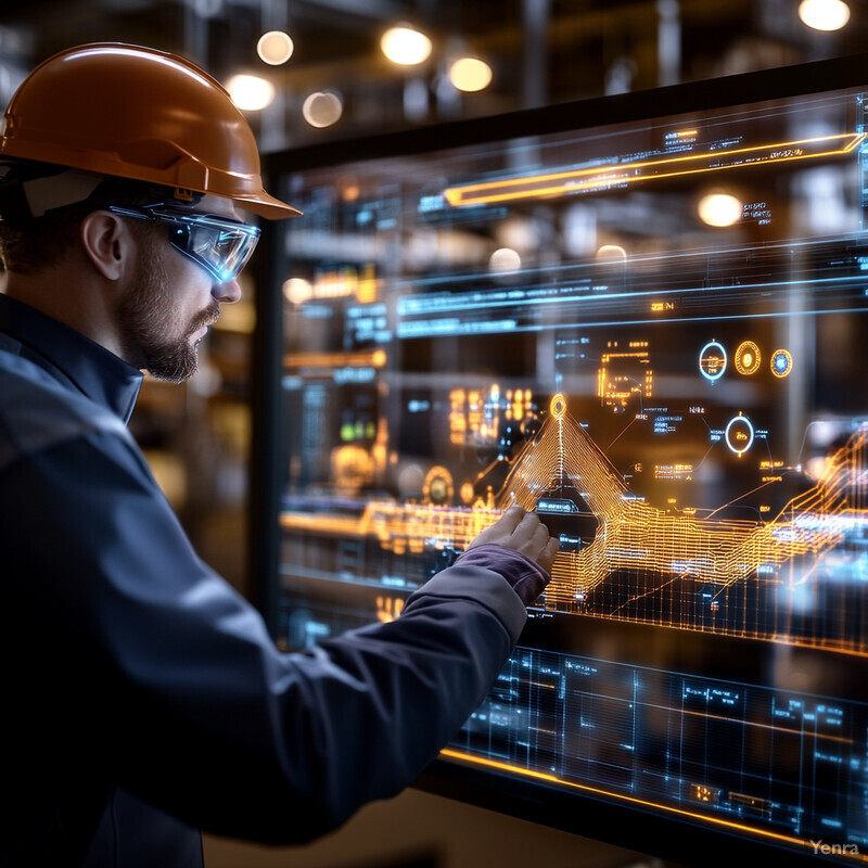 A man in an orange hard hat and safety goggles operates a large screen displaying data points.