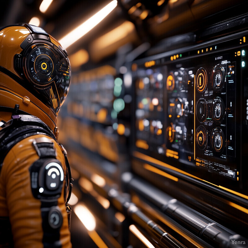 An astronaut stands in front of a control panel on a space station.