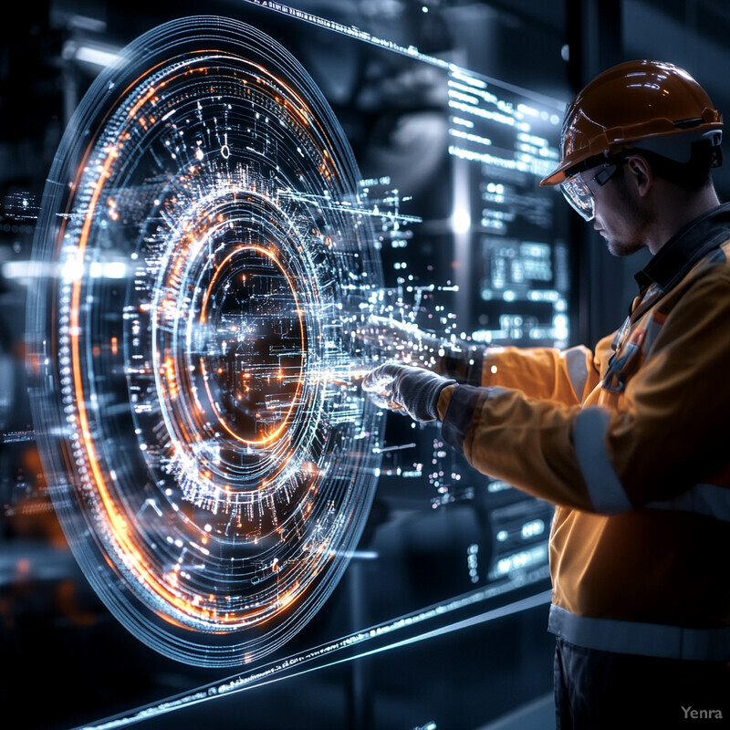 A man in a hard hat examines a futuristic interface on a large screen, possibly related to equipment health monitoring or predictive maintenance.