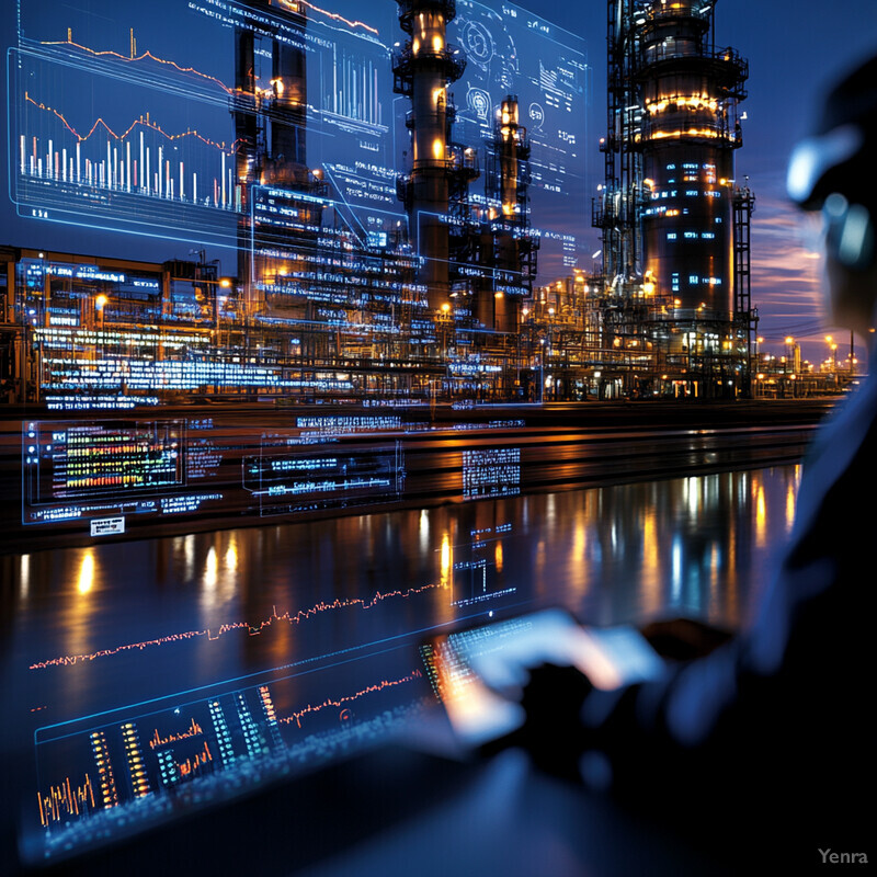 A person stands in front of an industrial facility with a body of water, possibly monitoring emissions management systems.