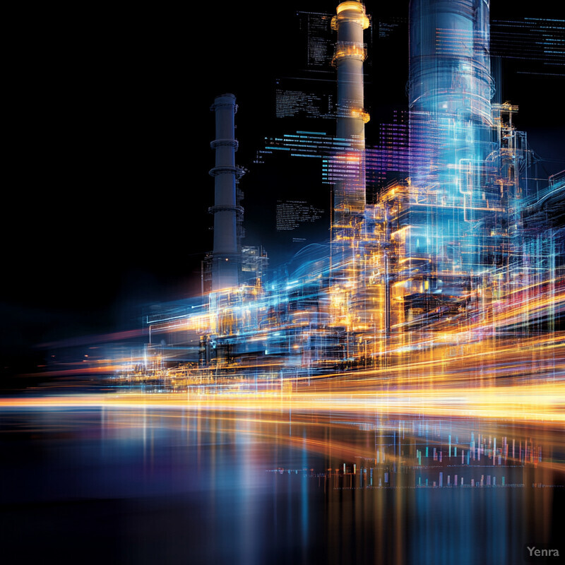 An abstract representation of a factory or industrial facility at night, with the primary focus on the buildings and structures rather than any people or activities occurring within them.