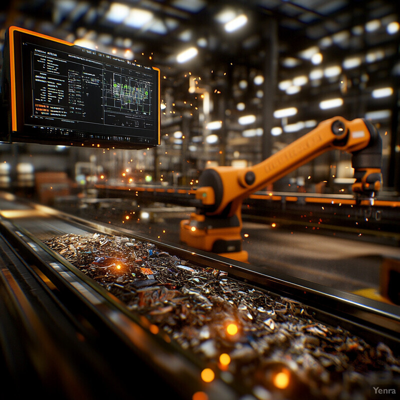 A robotic arm sorts through waste materials on a conveyor belt in an industrial facility.