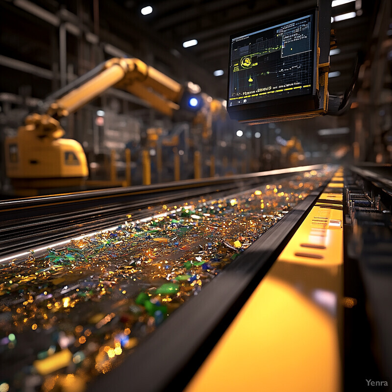 An image of a waste sorting and pre-treatment facility, showing a conveyor belt lined with debris and large machines in the background.