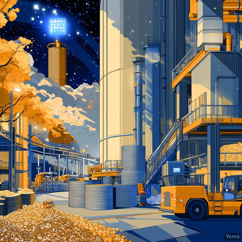 An industrial scene with large machinery and supplies under a dark blue sky.