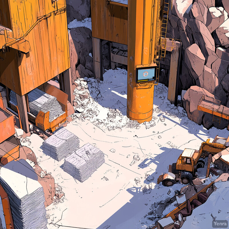 A snowy industrial setting with a large pile of white material and orange machinery.