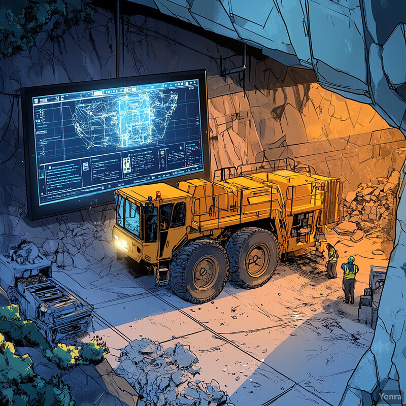 A large yellow mining vehicle is parked in front of a screen displaying a map or diagram, with two workers standing nearby.