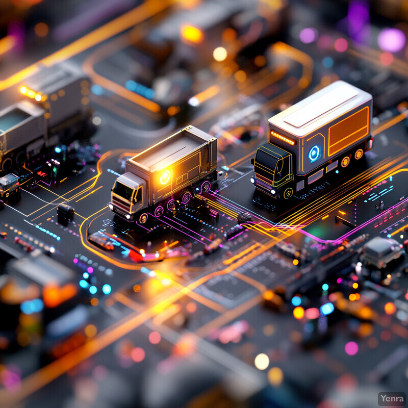 A stylized representation of a transportation hub, showcasing multiple trucks navigating through intersecting roads.