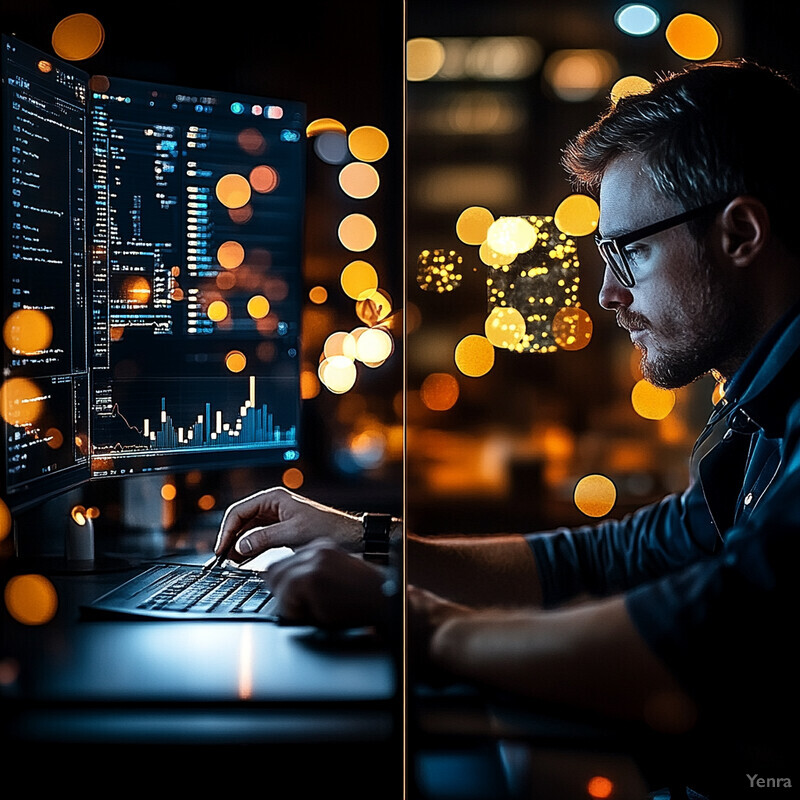 A man works on his computer in an office setting at night, surrounded by rows of desks and computers.